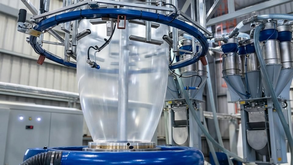 Polyethylene film bubble rising from a blown film extrusion line