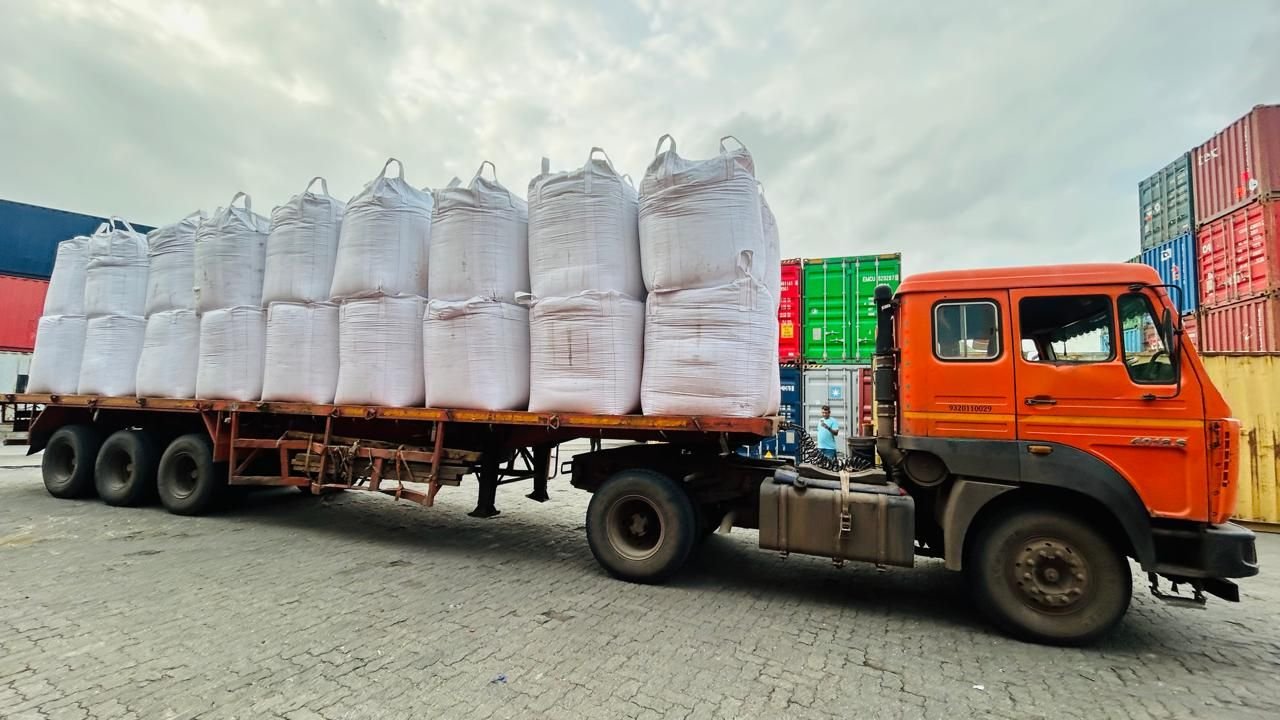 Jumbo bags of granules loaded onto a truck for dispatch from Nashik