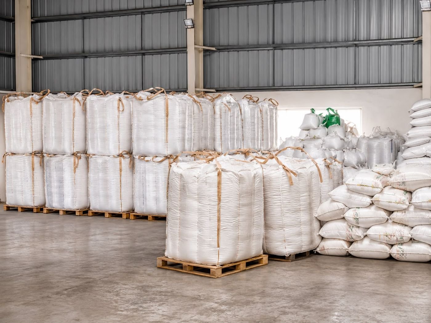 Jumbo bags and sacks of sorted polyethylene feedstock stored on pallets in the Gidiya Polytech warehouse